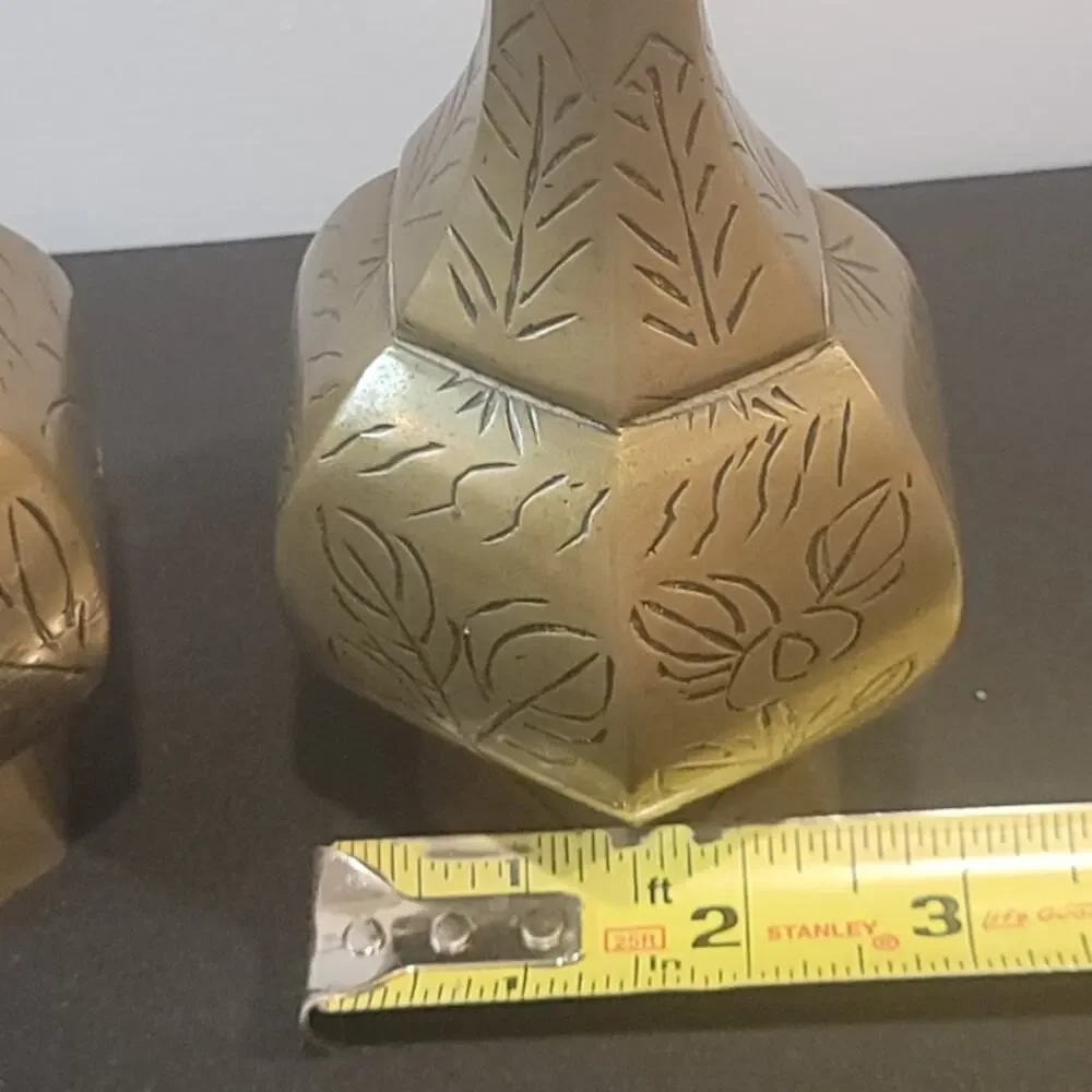 Vintage Chinese‎ Brass Etched Vase Set of 2 Qing Dynasty Style 8